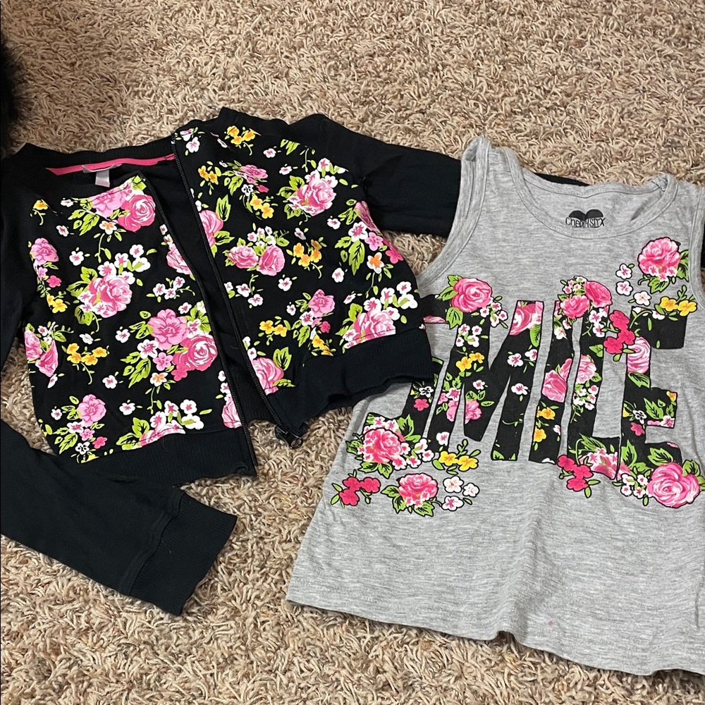 Floral long sleeve zip up and Graphic Tank Set